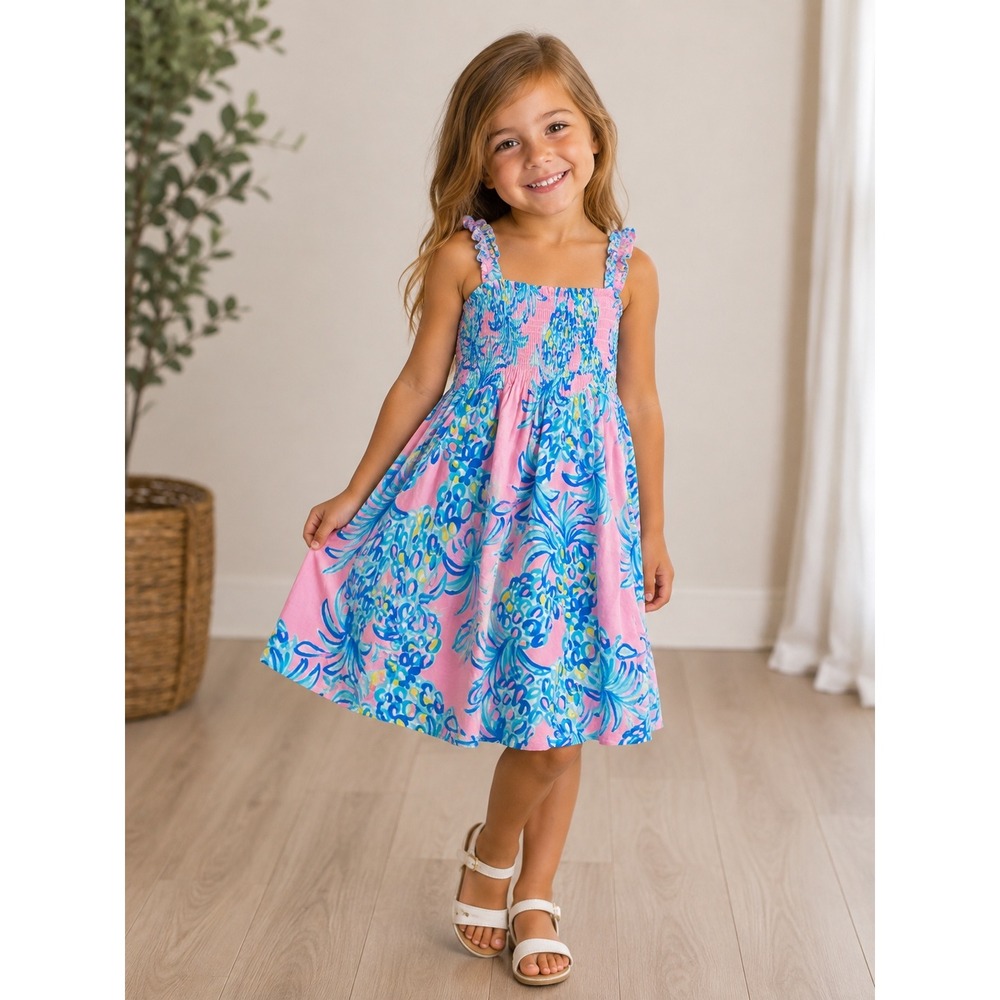 Lilly Pulitzer Girls Smocked Maxi Dress Pineapple Floral Preppy Resort 4 Pink